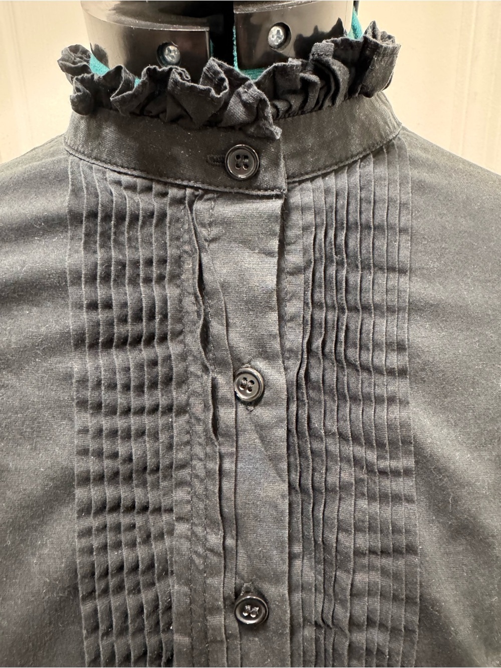 Black Ruffle-Neck Pintuck Button Front Blouse - Picture 2 of 8
